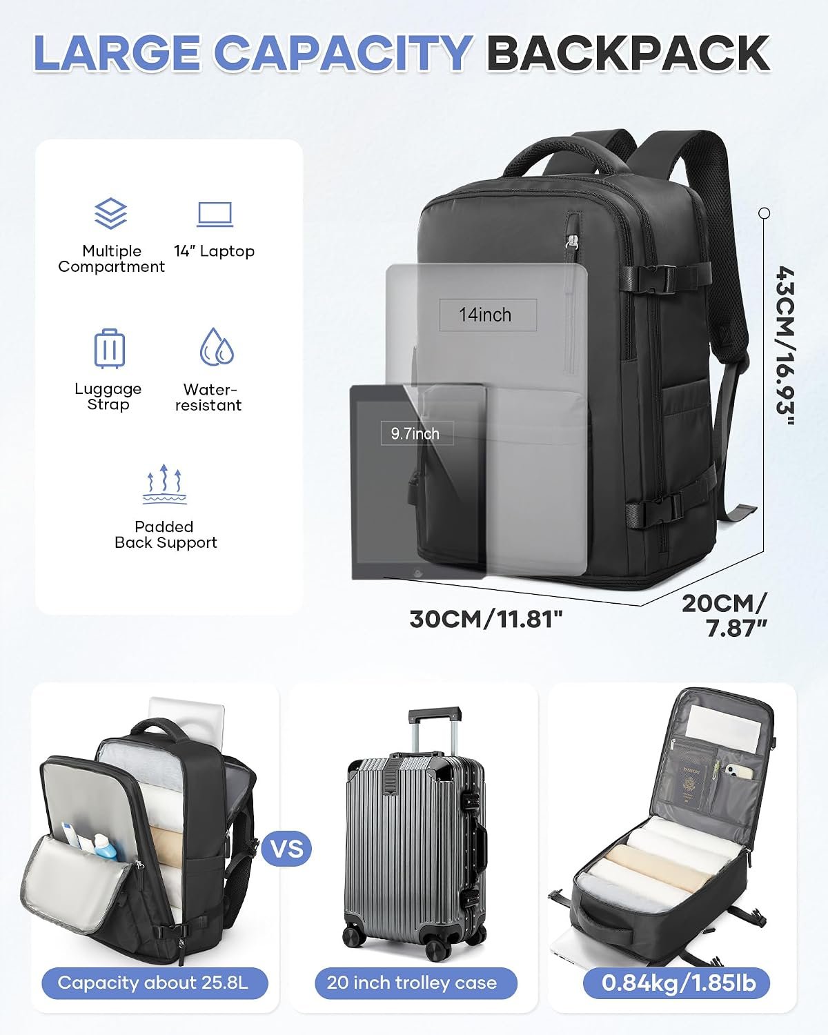 Large Carry on Travel Backpack Women Men,Hiking Gym Waterproof Outdoor Sports Rucksack Casual Daypack Laptop Backpack Personal item Travel Bag Airplane Essentials Spirit Airline Flight Approved,Black - Image 5