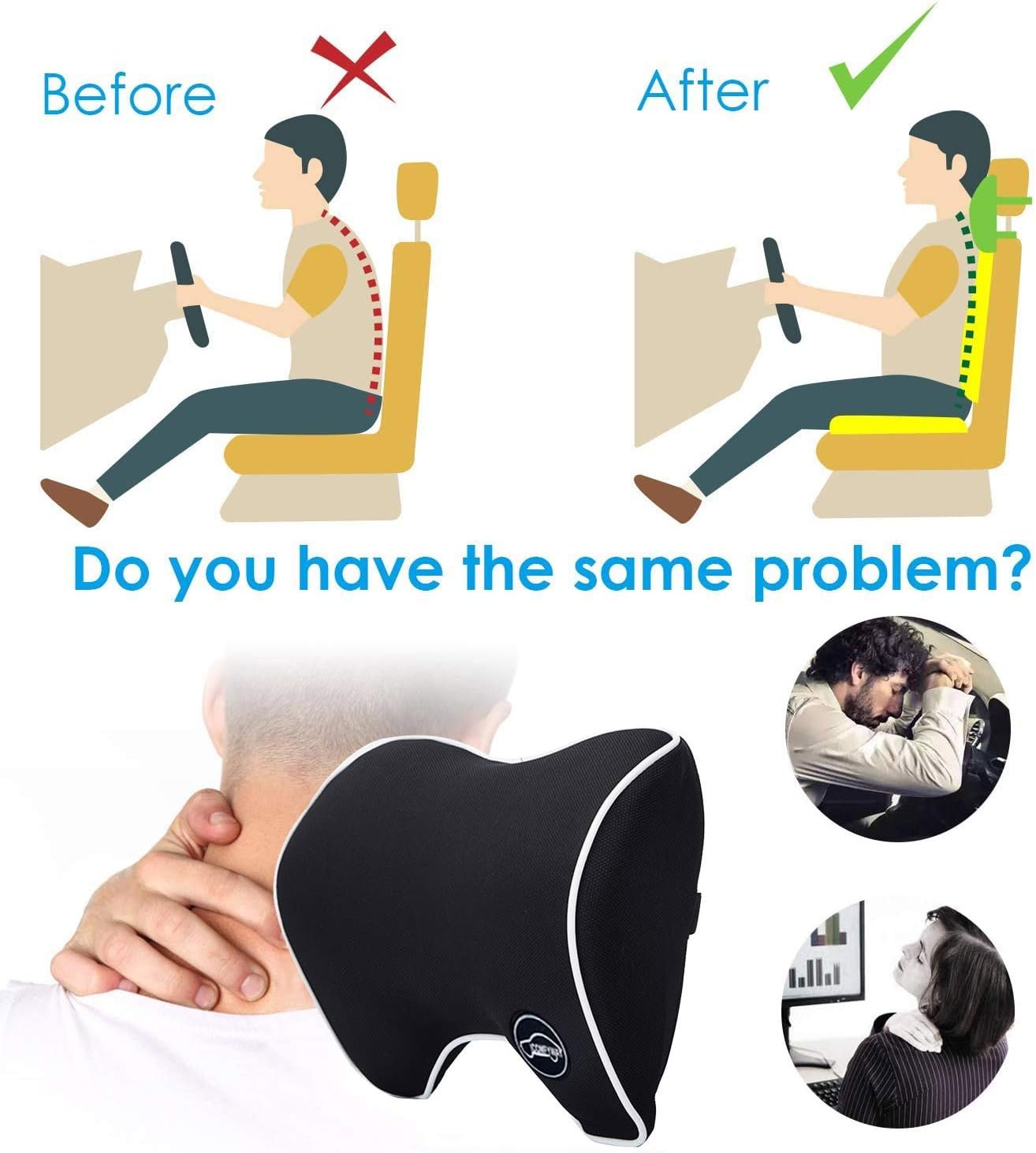 Car Neck Pillow for Car Driving, Car Seat Neck Rest Support for Car Pillow | Ergonomic Design For Driving or Sleeping with Adjustable Strap, Neck Pain Relief With Soft Memory Foam & Breathable Material - Image 2