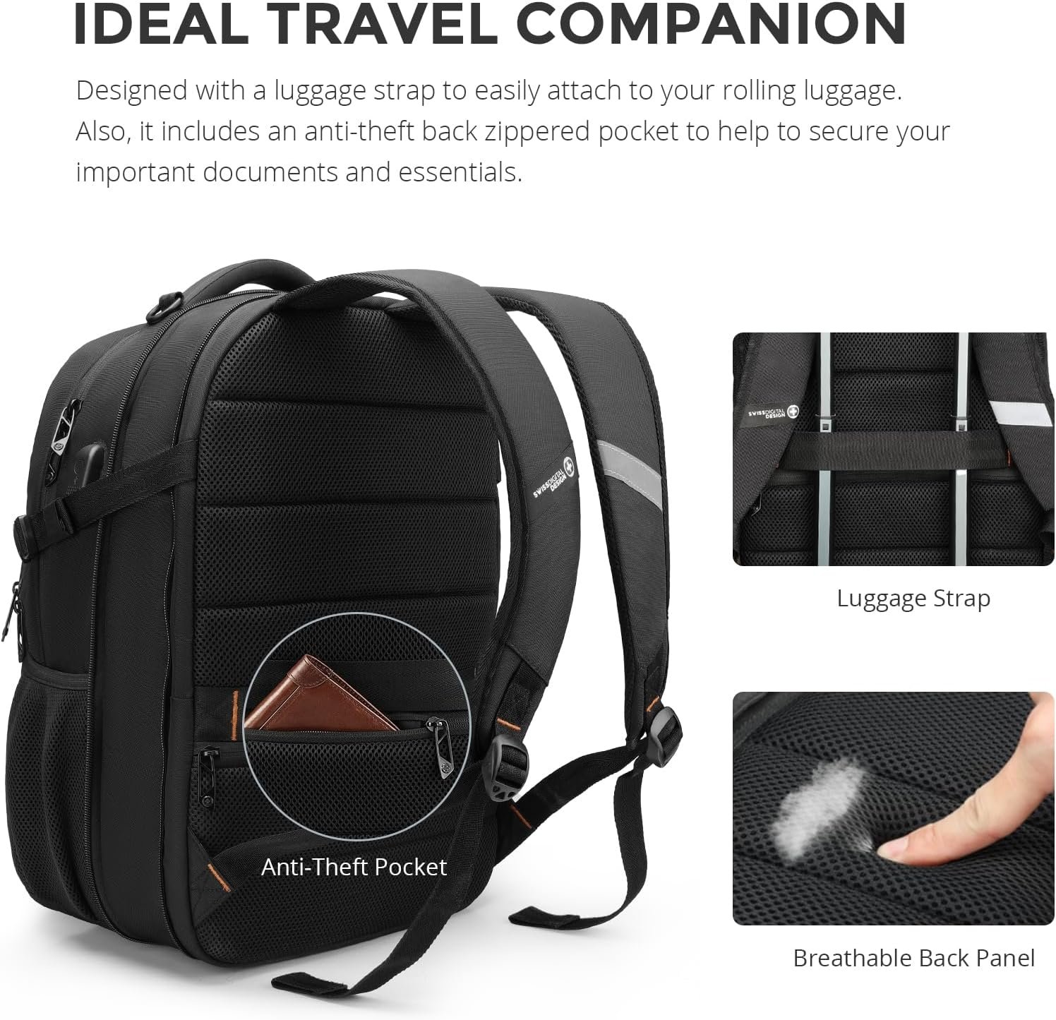 Swissdigital Design Backpack for Men & Women Fit 17 Inch Computer SD1671-01 | Travel Laptop Backpack, College Bag, Business Bag, with USB Charging Port, RFID Protetion Pocket, 35l Expandable, Black - Image 9