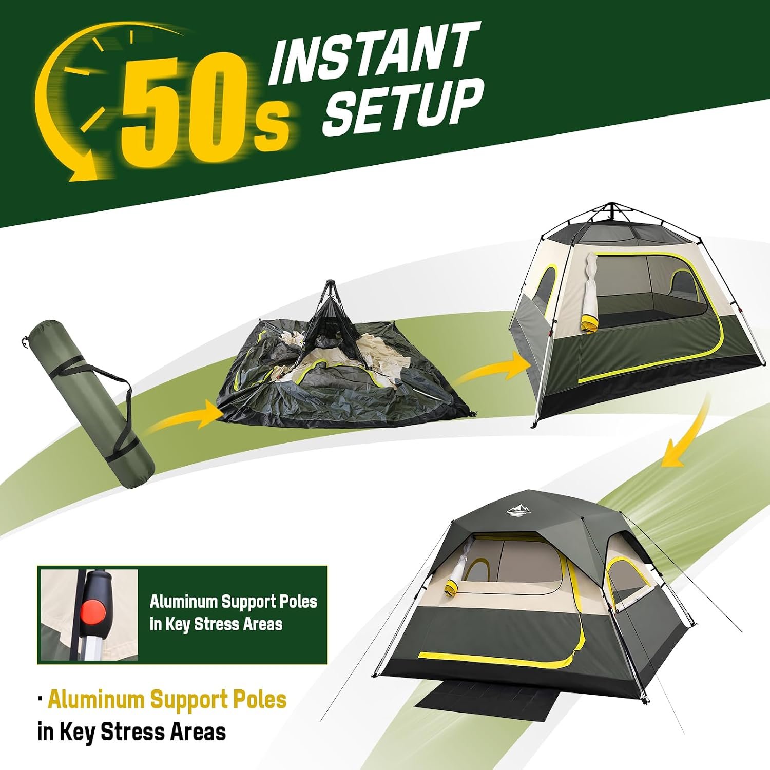 4 Person Instant Tents for Camping Setup in 50s, Cabin Tent with Rainfly | Waterproof Windproof Camping Tent, Double Layer Portable Instant Tents with Carry Bag for Family Outdoor Camping & Hiking - Image 3