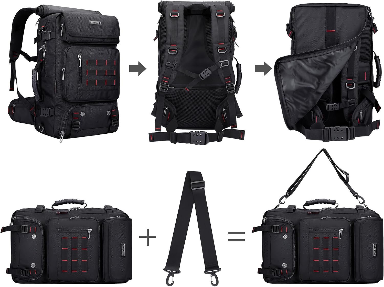WITZMAN Carry on Travel Backpack for Men Airline Approved Fits 16" Laptop | Nylon 3 in 1 Luggage Duffle Bag with USB Charging Port, Shoe Compartment, For Weekend Getaway, Overnight Trip, B682 Black - Image 7