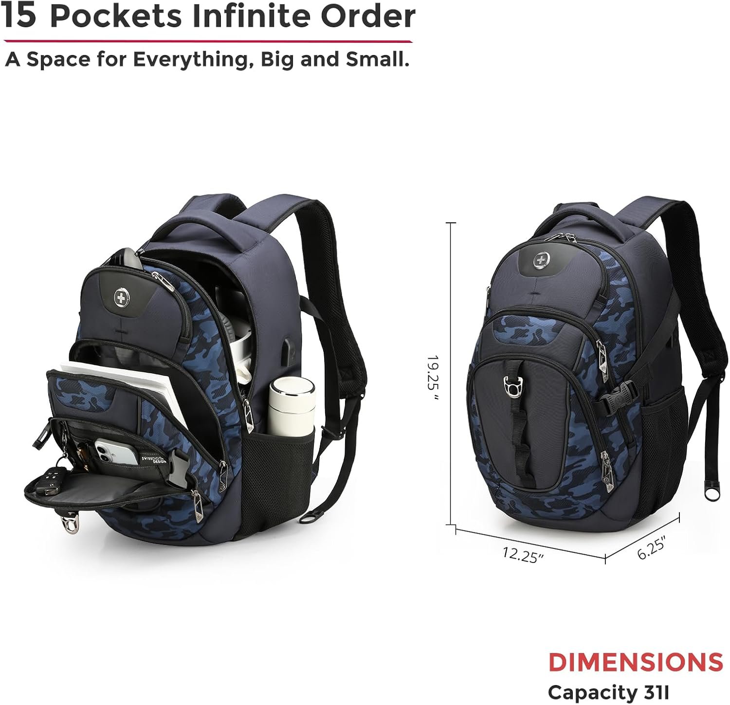 Swissdigital Design Laptop Backpack with USB Charging Port, Travel Backpack Fits 15.6 inches Computer, 31L College School Backpack for Men, Blue Camo | SD803-92 - Image 5
