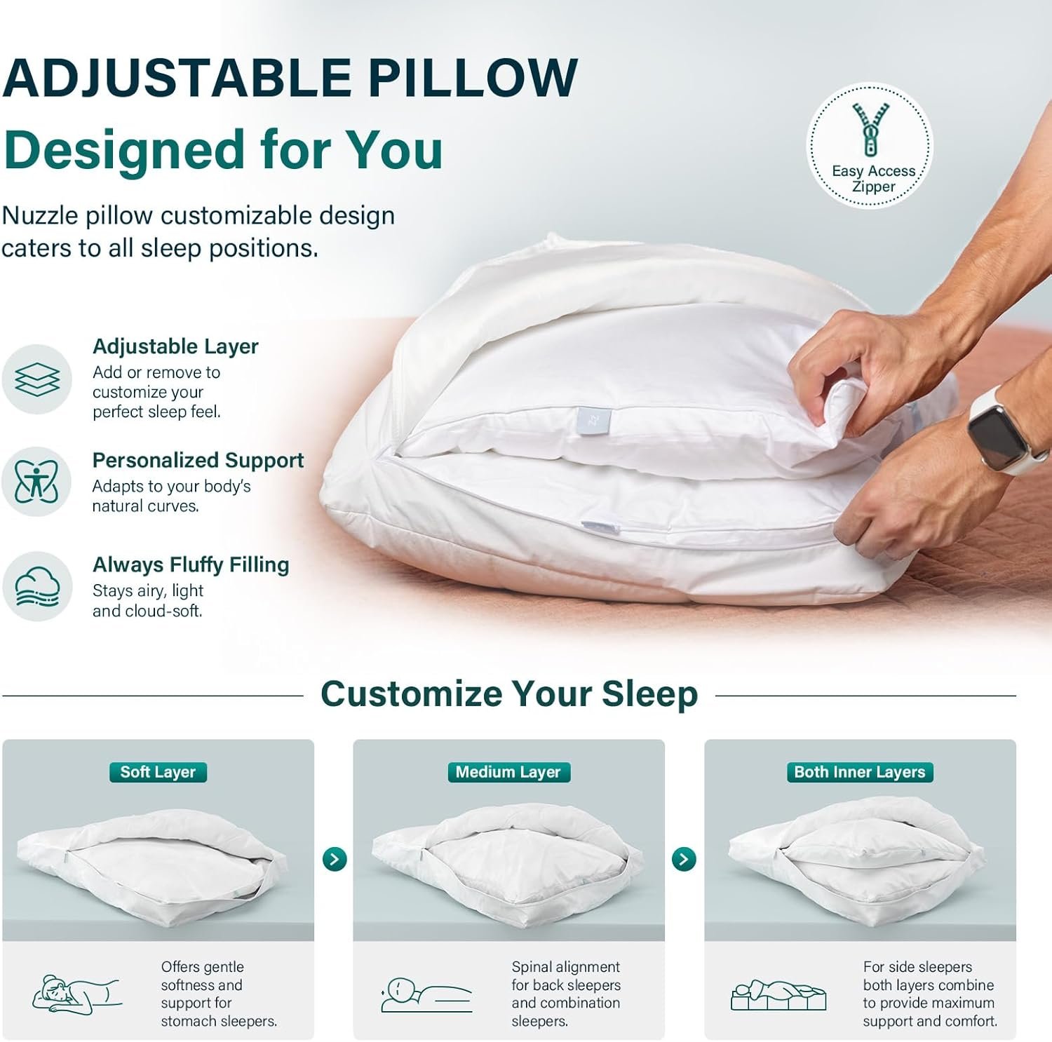 Nuzzle Adjustable Neck Pillow King Size Set of 2,Soft Luxury Hotel Feel | Bed Pillows King Size Set of 2 with Adjustable Height & Firm Feel for Side, Back and Stomach Sleepers–Gift for Women & Men - Image 2
