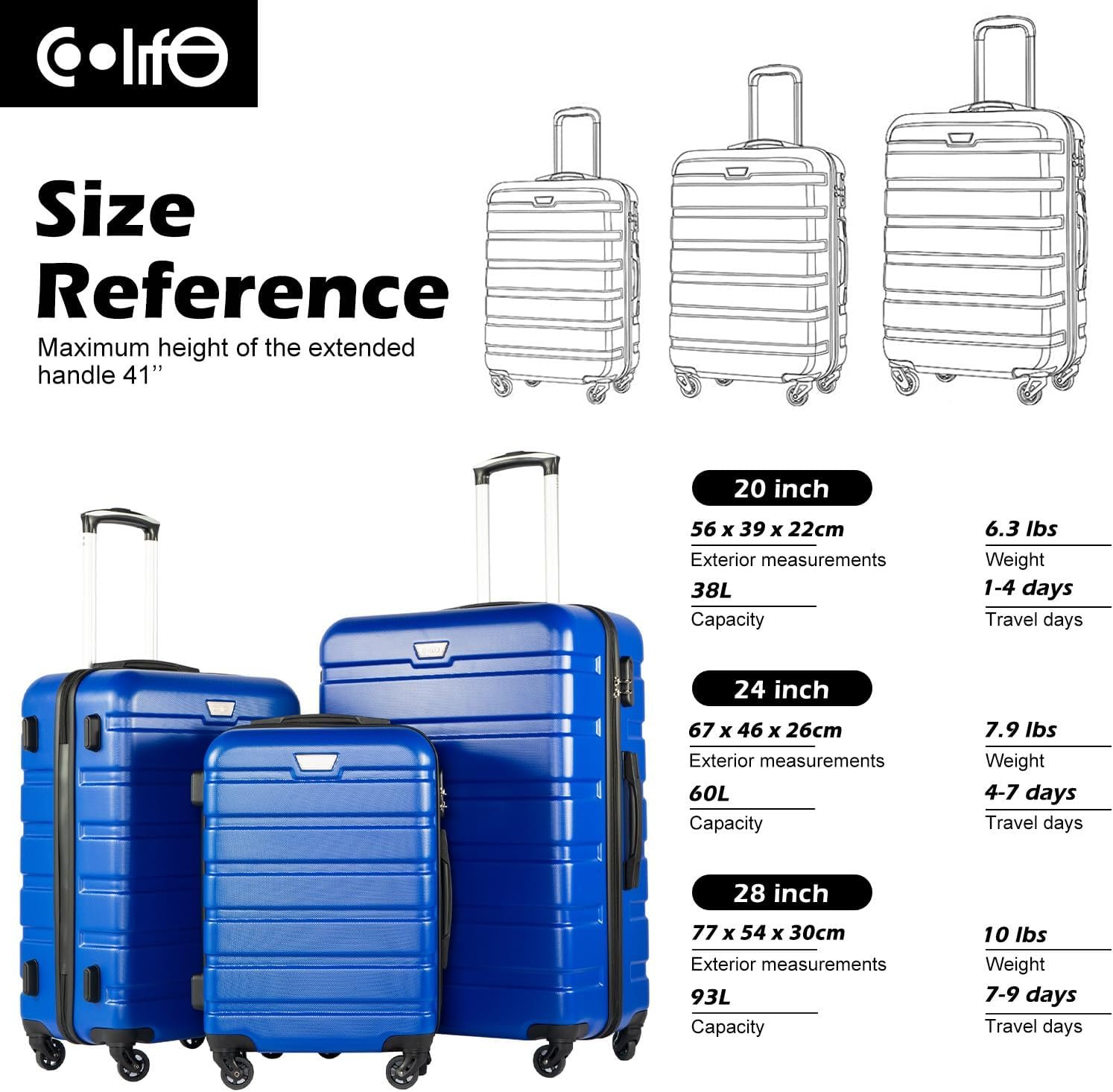 Coolife Luggage Set, Lightweight Durable Hardshell, 3 piece, Blue | suitcase set with 360° Spinner Wheels, TSA-approved Lock, Checked Family Travel, 20/24/28 Inch - Image 7