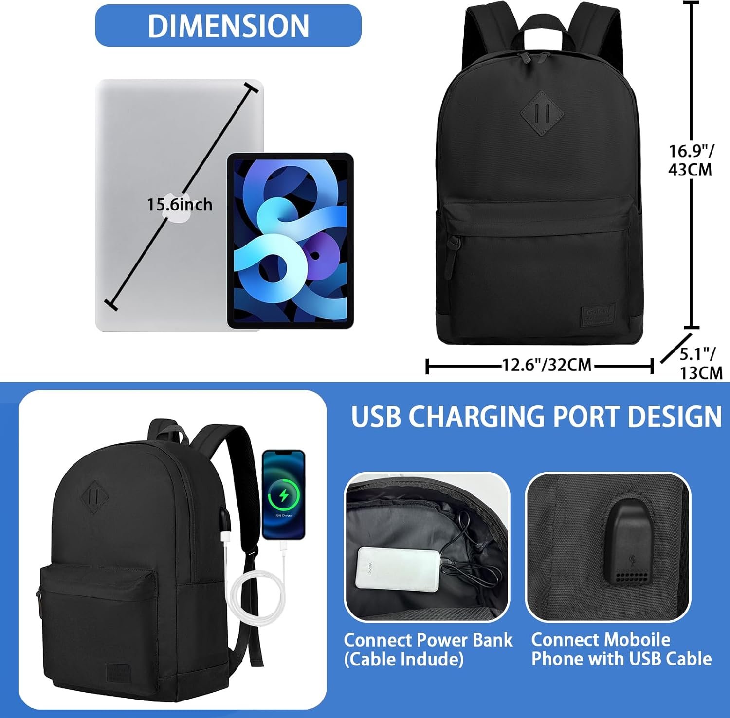 Backpack for Men Women,Travel Laptop Backpack, Water Resistant 17.3 Inch USB Charging Backpack, Large Capacity Work Commute Bag,All Black - Image 2