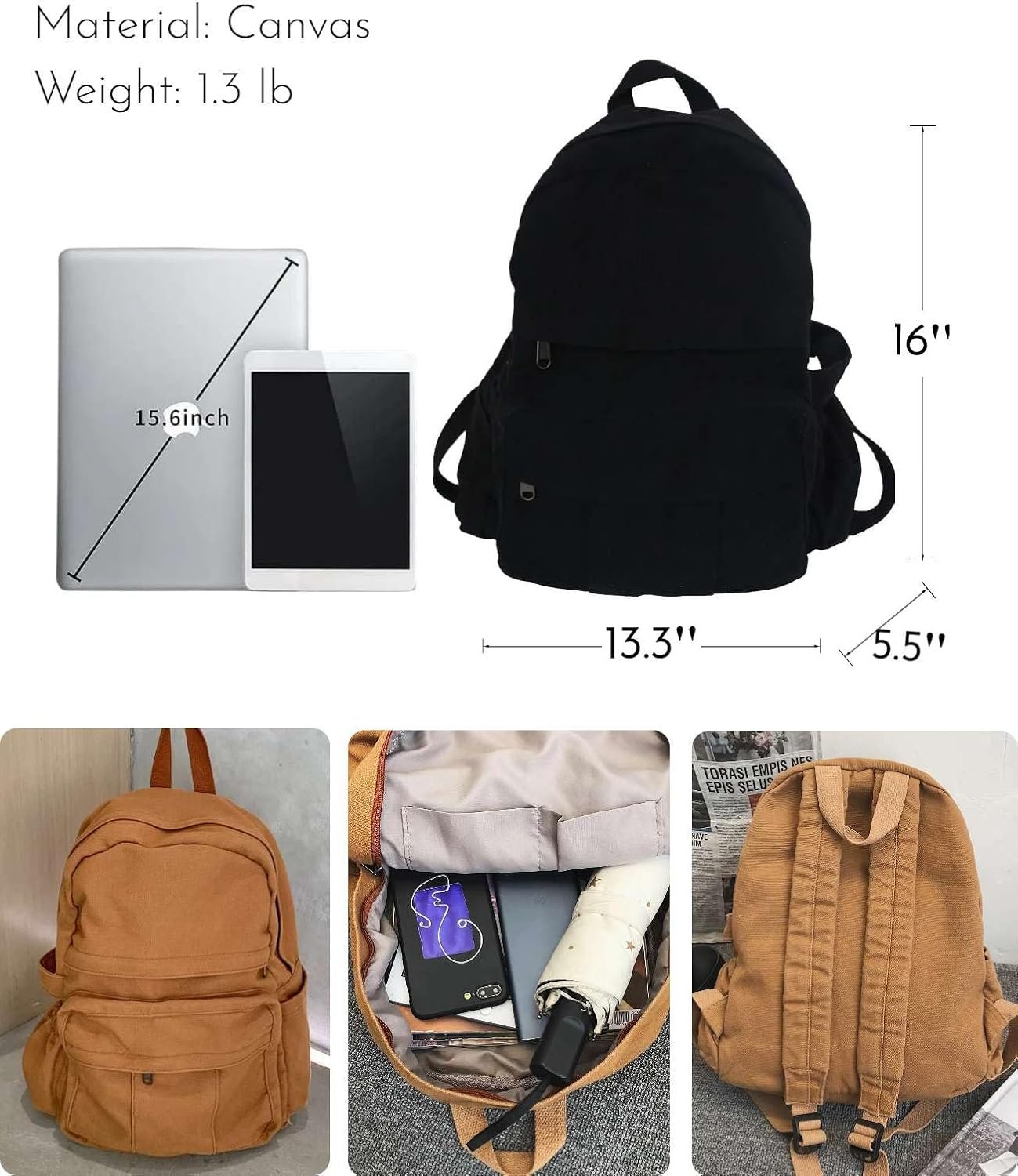 Black Canvas Backpack for Women & Men Retro Aesthetic Rucksack Basic Backpack for High School/College Students Travel Laptop Bag - Image 4