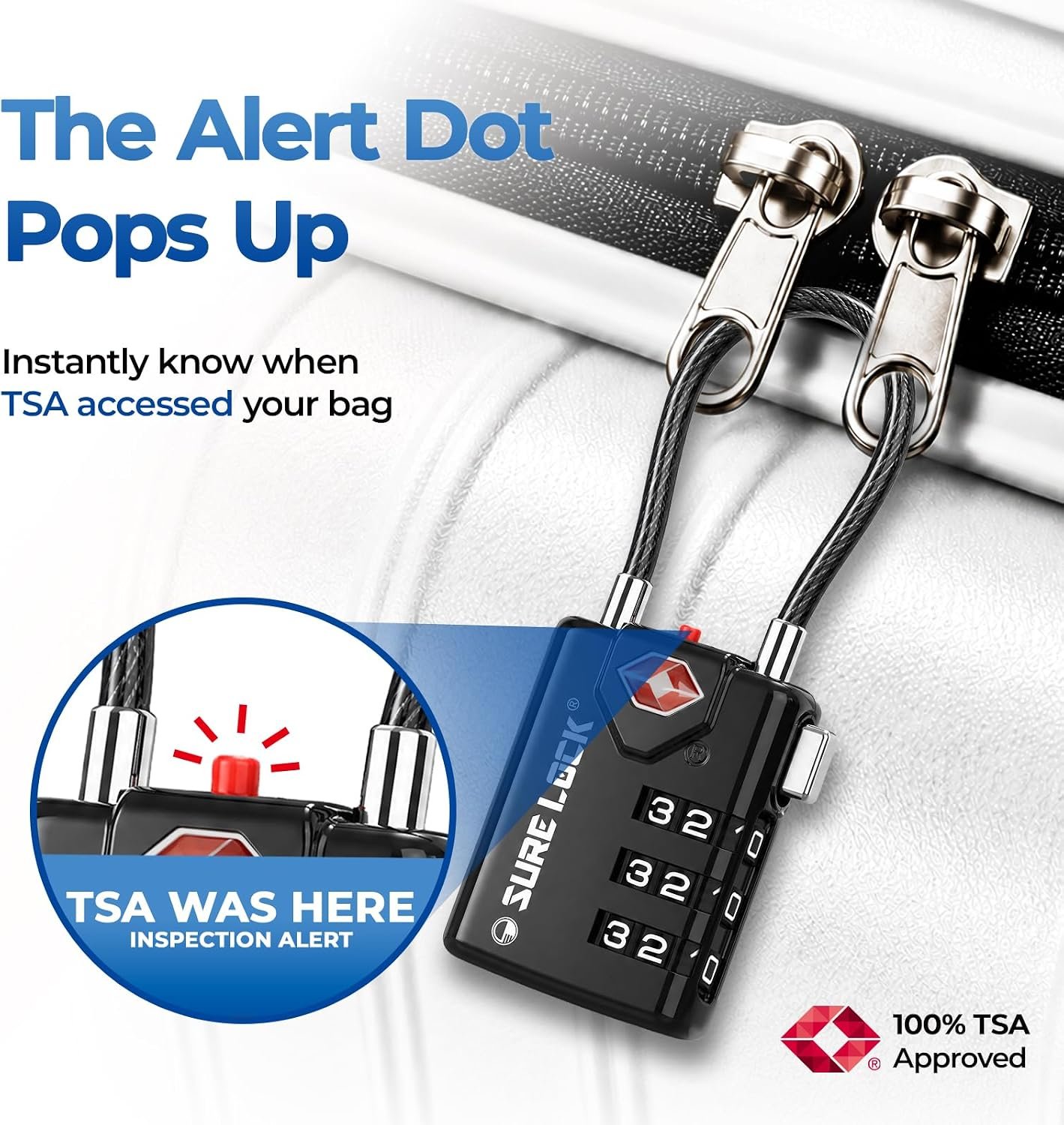 SURE LOCK TSA Approved Luggage Locks with Open Alert Indicator, 3 Digit Combination Cable Travel Lock for Suitcase, Backpack & Travel Bag, 2 Pack Black - Image 4
