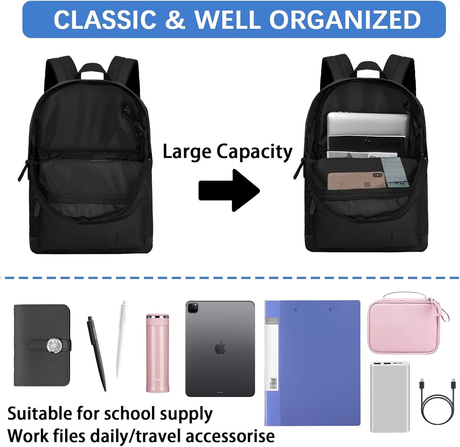 Backpack for Men Women,Travel Laptop Backpack, Water Resistant 17.3 Inch USB Charging Backpack, Large Capacity Work Commute Bag,All Black - Image 5