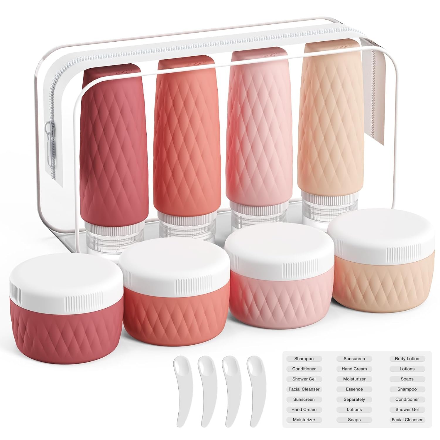 kuangre 8 Pack Travel Bottles for Toiletries - 3 OZ / 90 ML, | Leak Proof Silicone Containers with Clear Bag, Travel Size Toiletries for Lotions, Creams, Foundation, Shampoo, body wash and More |