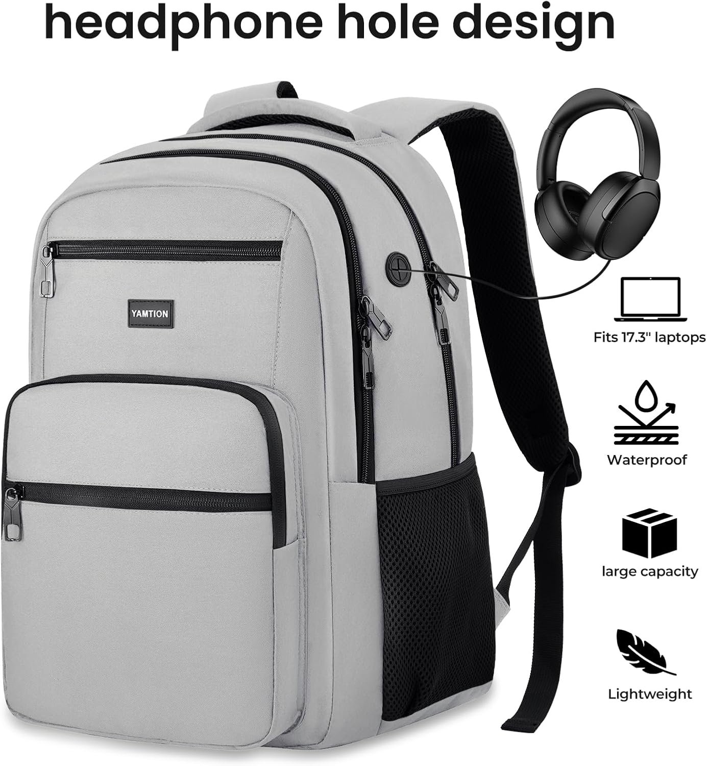 YAMTION Laptop Backpack for Men, Black Backpack, School Backpack for Boys and Girls, Bookbag, Work BackpackFits 15.6 Inch Laptop and Notebook (Grey, 15.6 inch) - Image 3