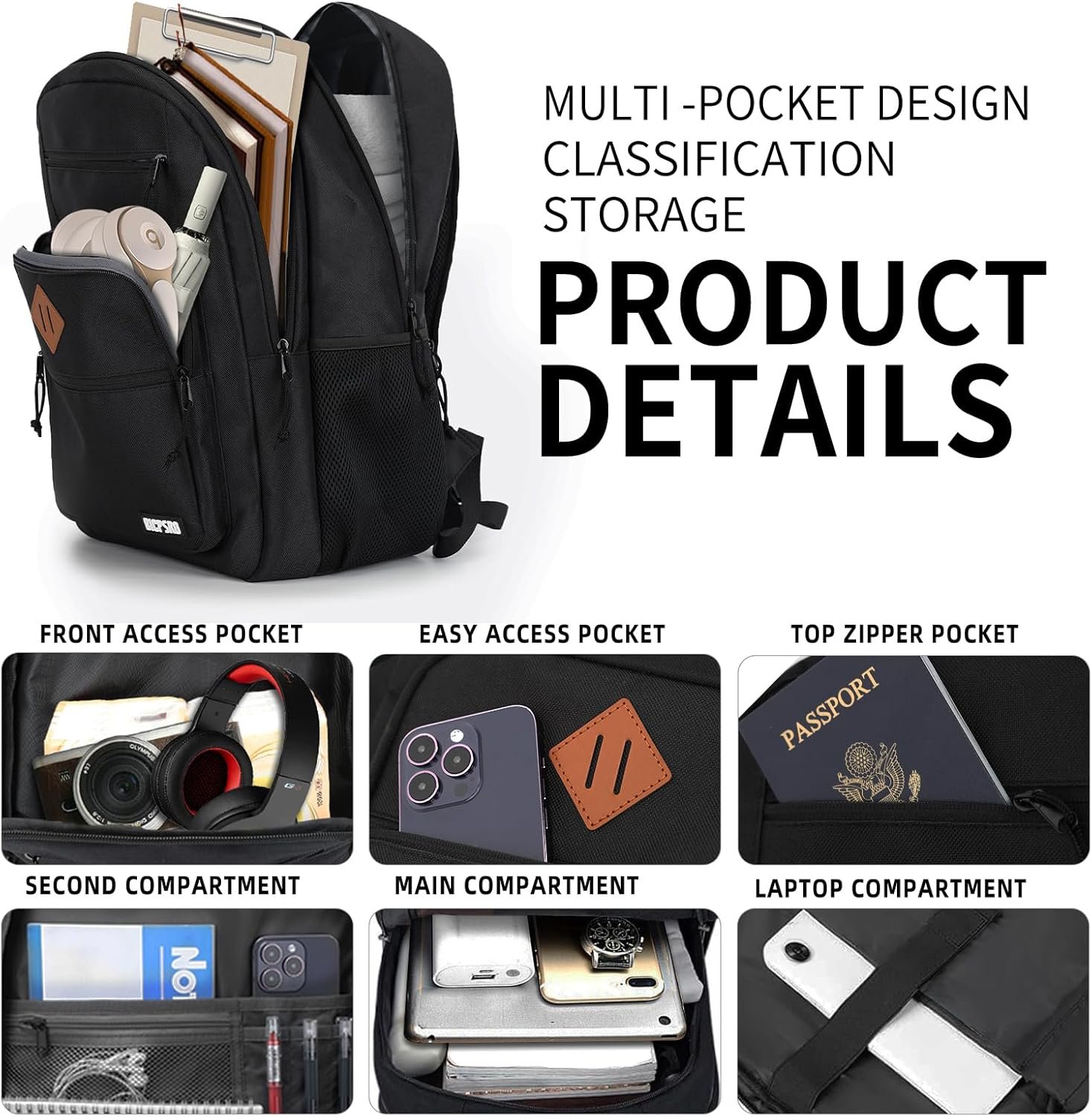 Classic School Backpack for Boys Girls Teens, Black Backpack for Men Women, 15.6 Inch Laptop Bookbag with Reinforced Straps for College High Middle School Work Business Book Bag - Image 2