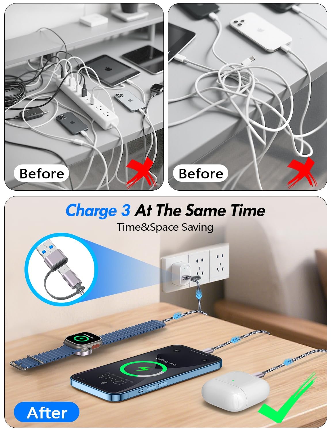 2Pack Travel Essentials for Apple Watch Charger,3-in-2 Multi Charging Cable | Cruise Vacation Camping Essentials for iPhone Charger,Type C/Lightning for iWatch,iPhone 17-12,Xbox Series X&S-4FT Gray - Image 4