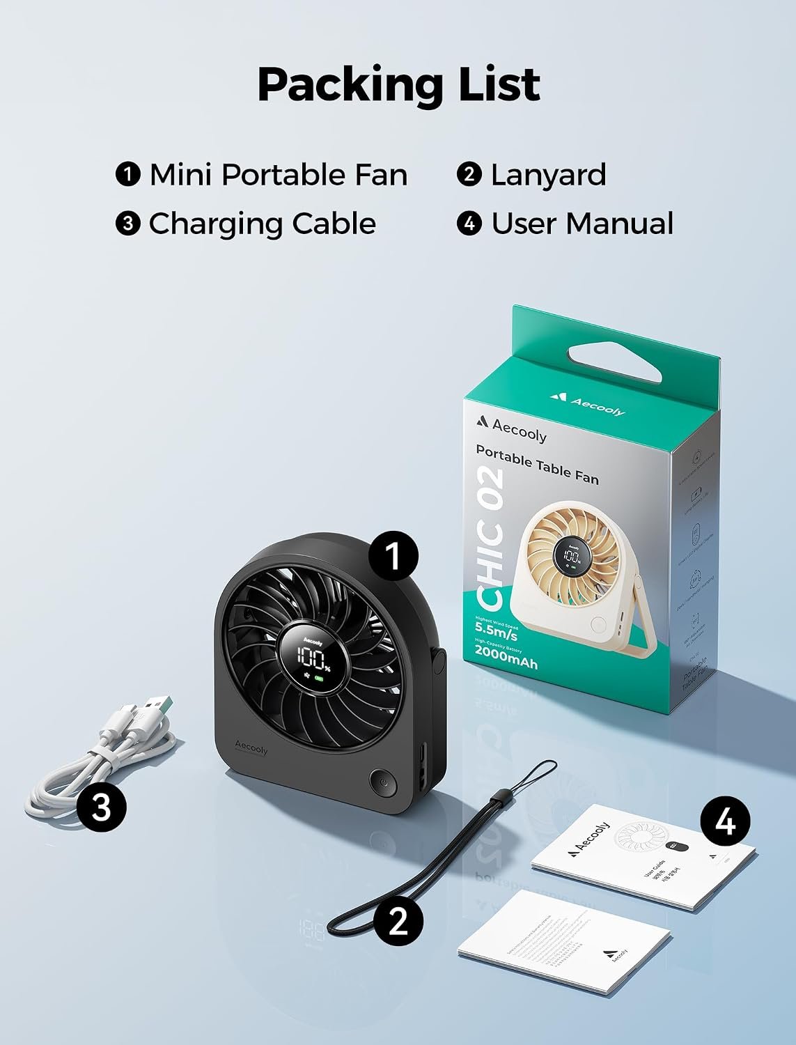 Aecooly Mini Portable USB Desk Fan, Small Enough to Hold Mighty Desktop Fan | USB & Battery Powered Quiet Table Fans, 4 Speeds Rechargeable Personal Fans for Home, Office, Travel, Gifts -Black - Image 9