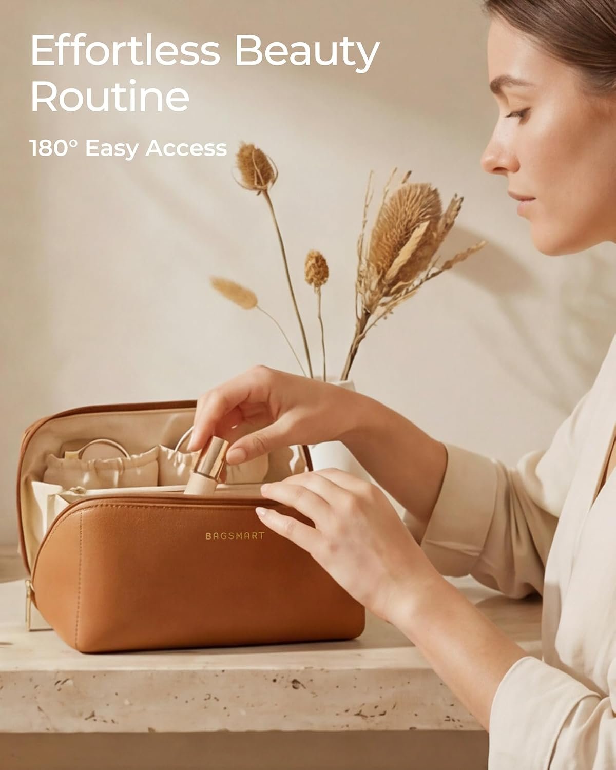 BAGSMART Makeup Bag Travel Cosmetic Bag,Women Toiletry Case, Classic Brown | Make Up Bag Flat Open Toiletry Bag for Women, PU Leather Travel Essentials Wide-open Skincare,Brushes Organizer Case Large - Image 4