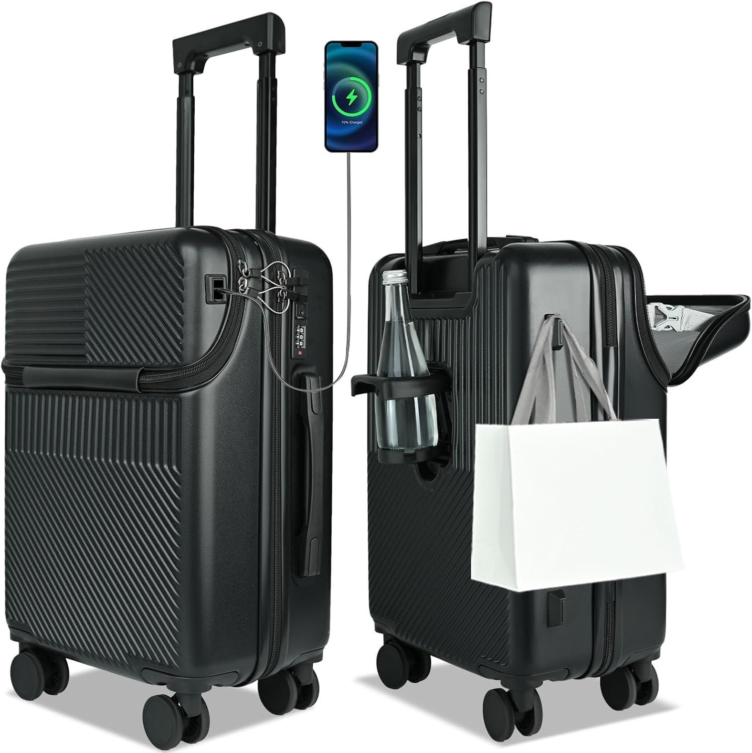Carry on Luggage Airline Approved, Carry-on Luggage for The Business Trip with Front Pocket, 20 inch Hardshell PC Carry on Suitcases with Wheels, Combination Lock, Cup Holder and USB Port