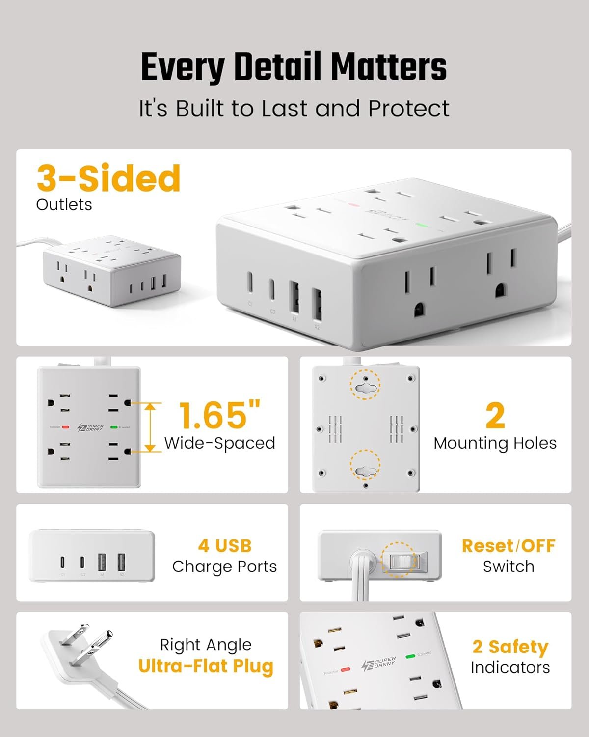 SUPERDANNY Extension Cord,Flat Plug Surge Protector Power Strip,10Ft | 8 AC & 4 USB Ports (2 USB C),Surge Protector with 1050J,Desk Charging Station for Home Office,College Dorm Room Essentials - Image 8