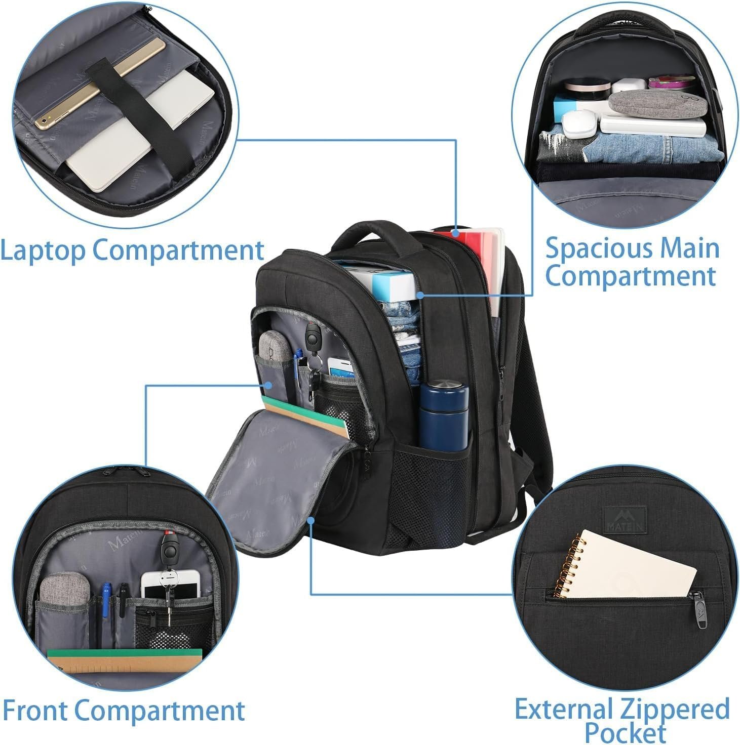 MATEIN College Large Travel Backpack, TSA Expandable Laptop Backpack | 43L College Computer Bag, Fit 17.3 Inch Laptop, Water Resistant Design, Lightweight Carry on, Sturdy, Spacious, Black - Image 5