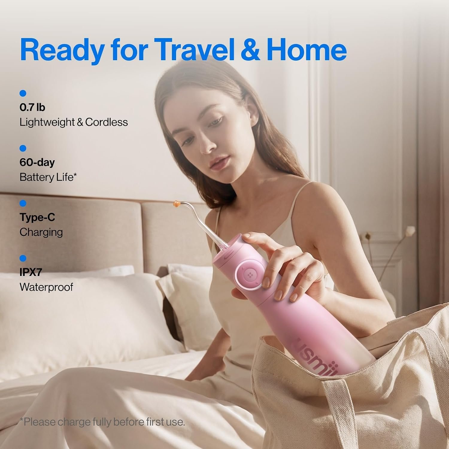 usmile C30 Cordless Water Flosser, 300ml Tank, 5 Modes, IPX7, Pink | S-Shaped Nozzle, USB-C Rechargeable Portable Oral Irrigator for Braces, Sensitive Gums, Teeth Cleaner, Home & Travel - Image 6