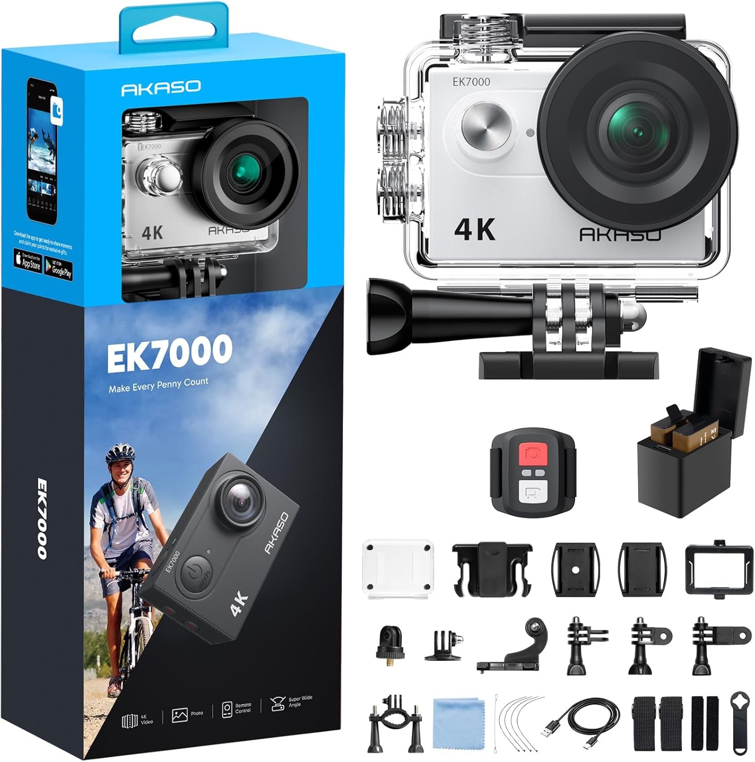 AKASO EK7000 4K30FPS 20MP WiFi Action Camera with EIS Ultra HD 131FT Waterproof Underwater Camera Remote Control 4X Zoom Support External Microphone