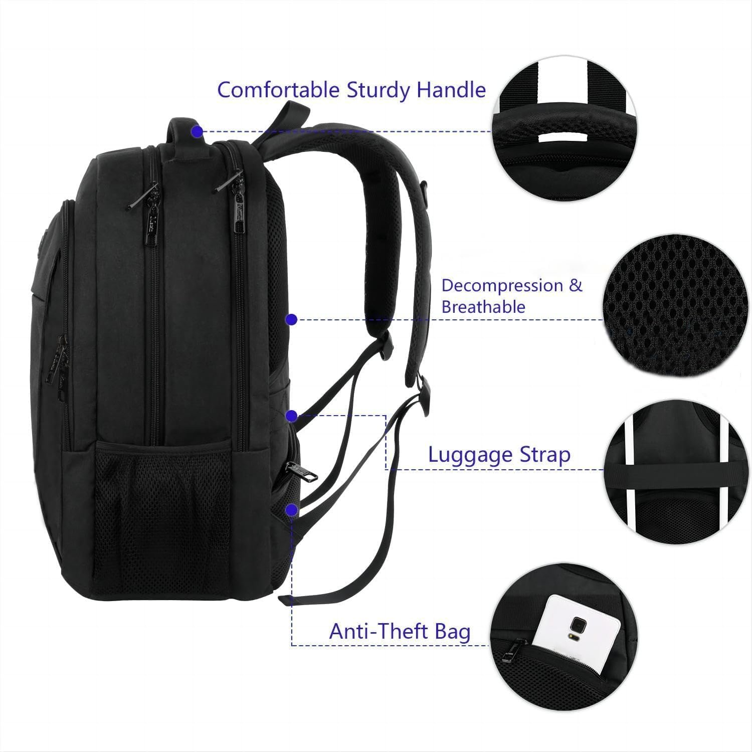 MATEIN Business Laptop Backpack, 15.6 Inch Travel Work Bag for Men Women | Water Resistant Daypack, Personal Item Bag Size, Anti Theft Pocket, Luggage Strap, Computer Backpack for Work College, Black - Image 10
