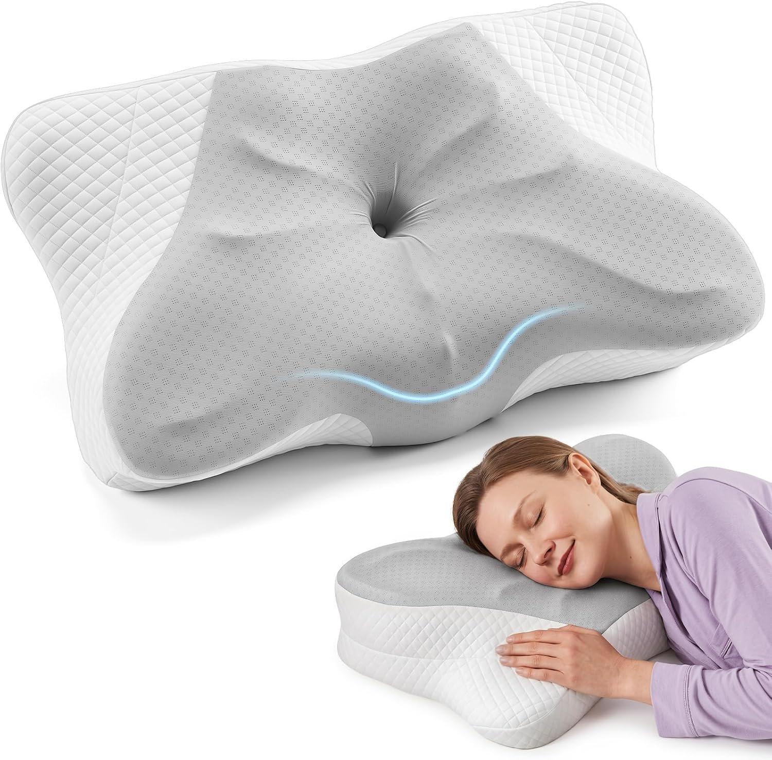 Sweetcrispy Cervical Pillow for Neck Pain Relief, Cooling Memory Foam | Contour Pillow for Side, Back, and Stomach Sleepers, Ergonomic Orthopedic Bed Pillow for Adults, Queen Size, Grey