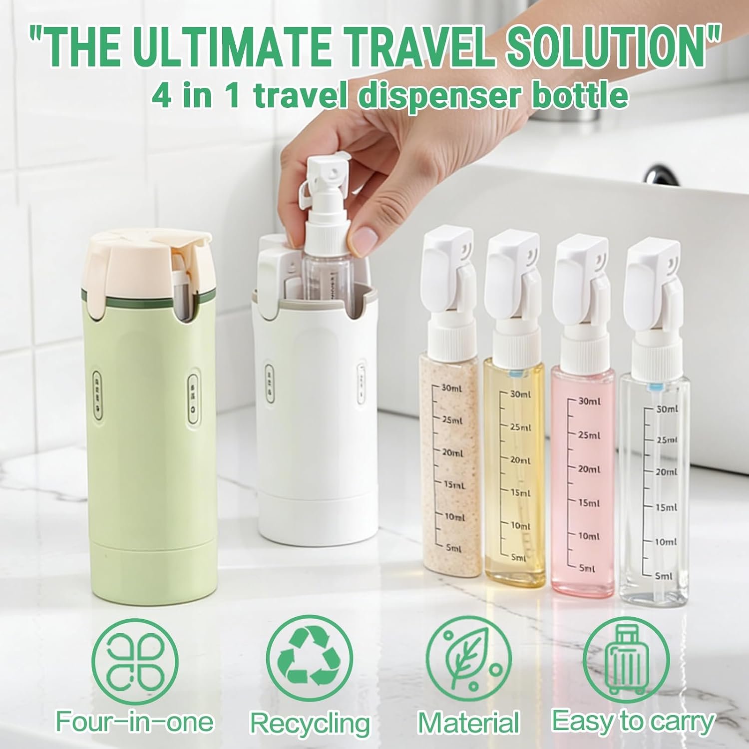 4 in 1 Travel Dispenser Bottle Set, Leakproof TSA Travel Size Containers for Toiletries, Portable Refillable Bottles, Hard Shell Rotating Design with Scale and Labels - Image 8