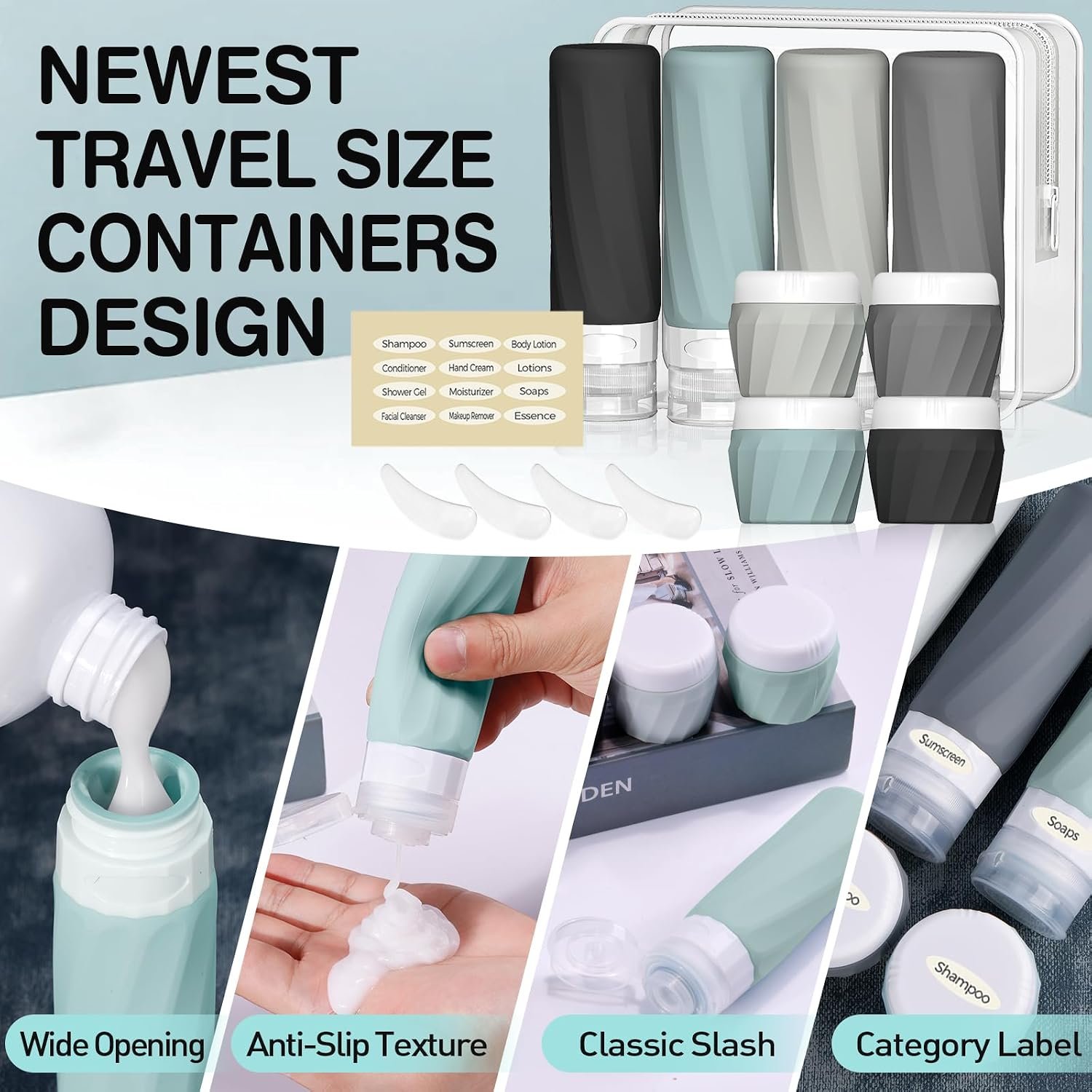Silevoler 14pack Travel Bottles for Toiletries, TSA Approved Travel Size Toiletries Containers Set, Premium Silicone Leak Proof Refillable Squeezable & Creams jars Accessories Kit W/Clear Bag (Gray) - Image 5