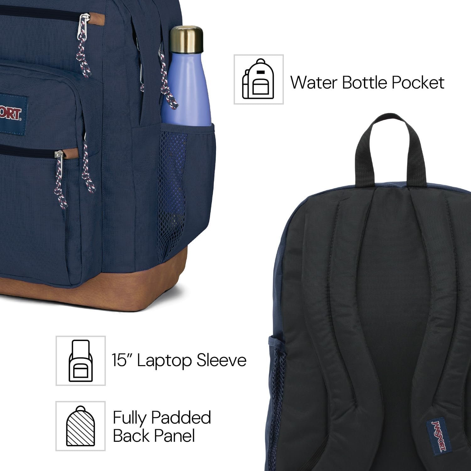 JanSport Cool Backpack, with 15-inch Laptop Sleeve - Large Computer Bag Rucksack with 2 Compartments, Ergonomic Straps, Black | Ergonomic Straps, Waterbottle Pocket, Campus Weekender Travel Rucksack - Image 3