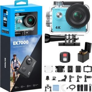 AKASO EK7000 4K30FPS 20MP WiFi Action Camera with EIS Ultra HD 131FT Waterproof Underwater Camera Remote Control 4X Zoom Support External Microphone Blue