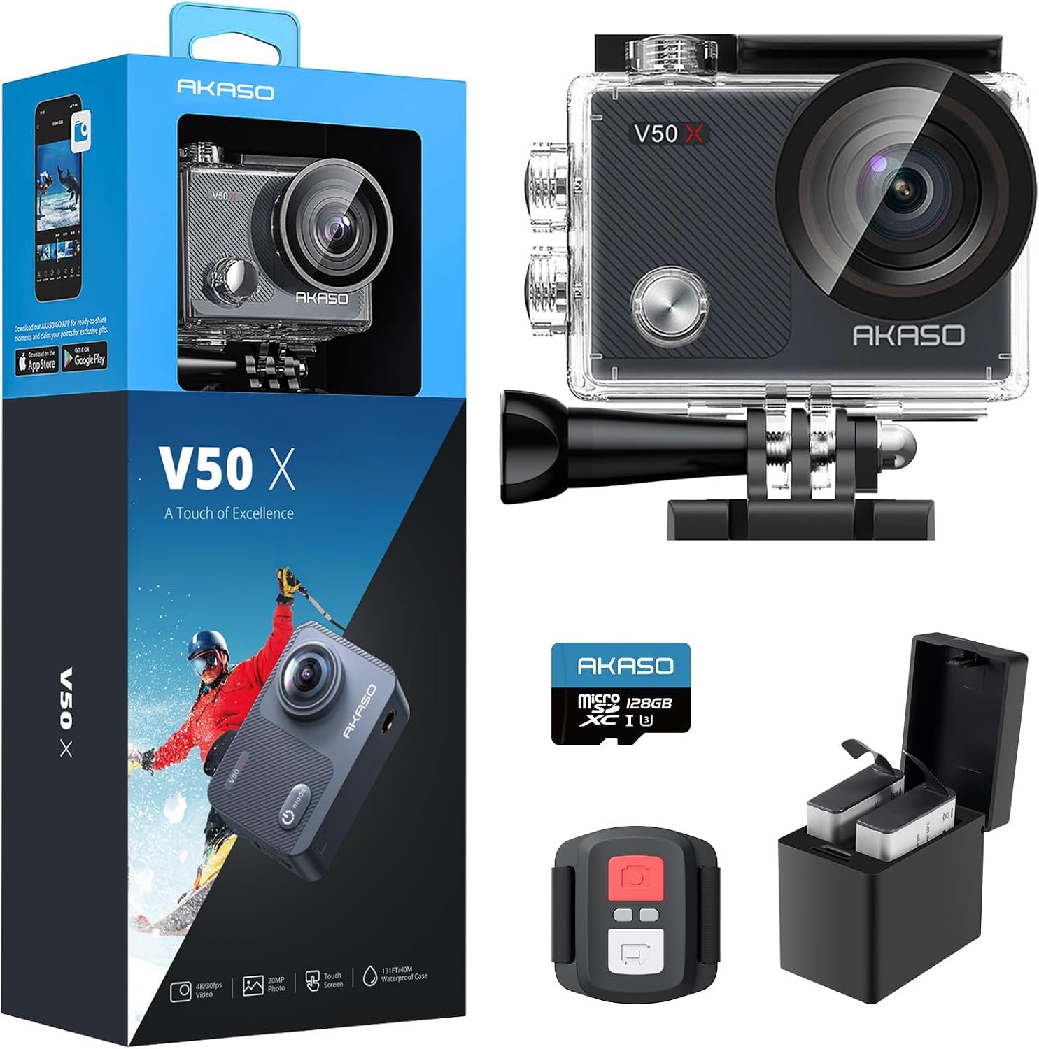 AKASO V50X Native 4K30fps WiFi Action Camera with EIS Touch Screen 4X Zoom 131 feet Waterproof Camera Support External Mic Remote Control with Helmet Accessories (with 128GB MicroSD Card) | EIS, WiFi, Touch Screen, 4X Zoom 131ft Waterproof Camera, Remote Control, Support External Mic, with Helmet Accessories