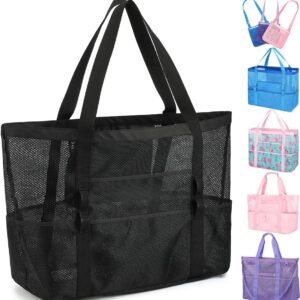 Fammart Mesh Beach Bag for Women, Large Beach Toy Pool Bag with Zipper Pocket, SandProof Cruise Essentials 2026 Family Travel
