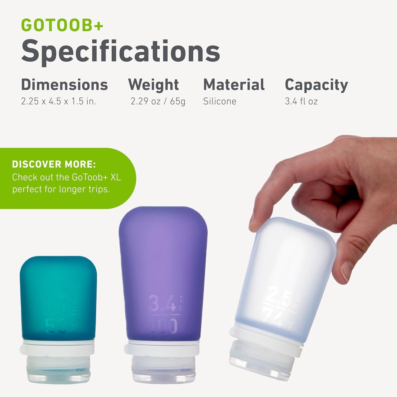 humangear GoToob+ 3-Pack, Large (3.4 fl oz), Clear/Green/Blue | Refillable & Leak-Proof Silicone Travel Size Bottles with Locking Cap for Toiletries, Camping & TSA Carry-On - Image 5