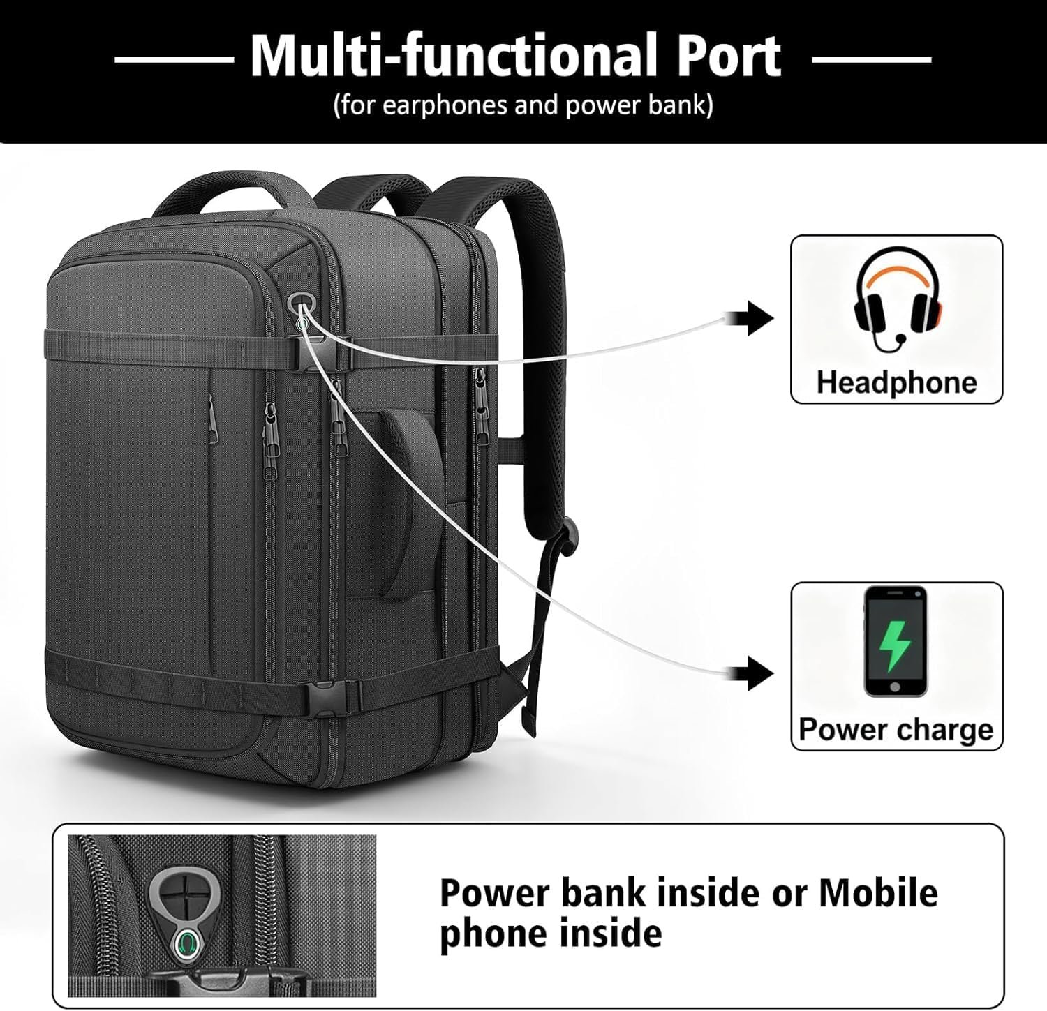 Travel Backpack with LifetimeWarranty,Expandable Carry on Backpack,Black | Expands 35L to 45L,Fits 17.3"Laptop Notebook,Water Resistant Weekender Backpack Business Trips Cable Access Port,Daily Travel - Image 6