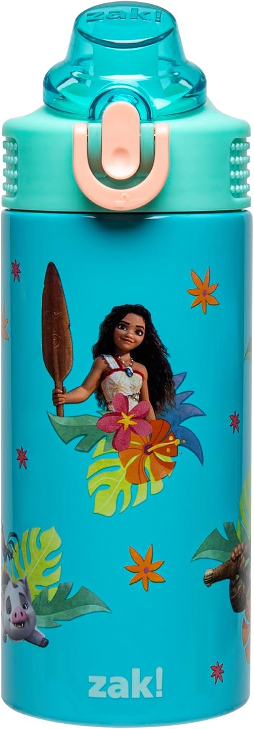 Zak Designs Disney Moana Sage 14oz Leak-Proof Straw Kids Water Bottle | BPA Free, Insulated Stainless Steel, Cupholder Friendly, Dishwasher Safe, Easy to Clean, Lid Lock, For School, Home, Travel
