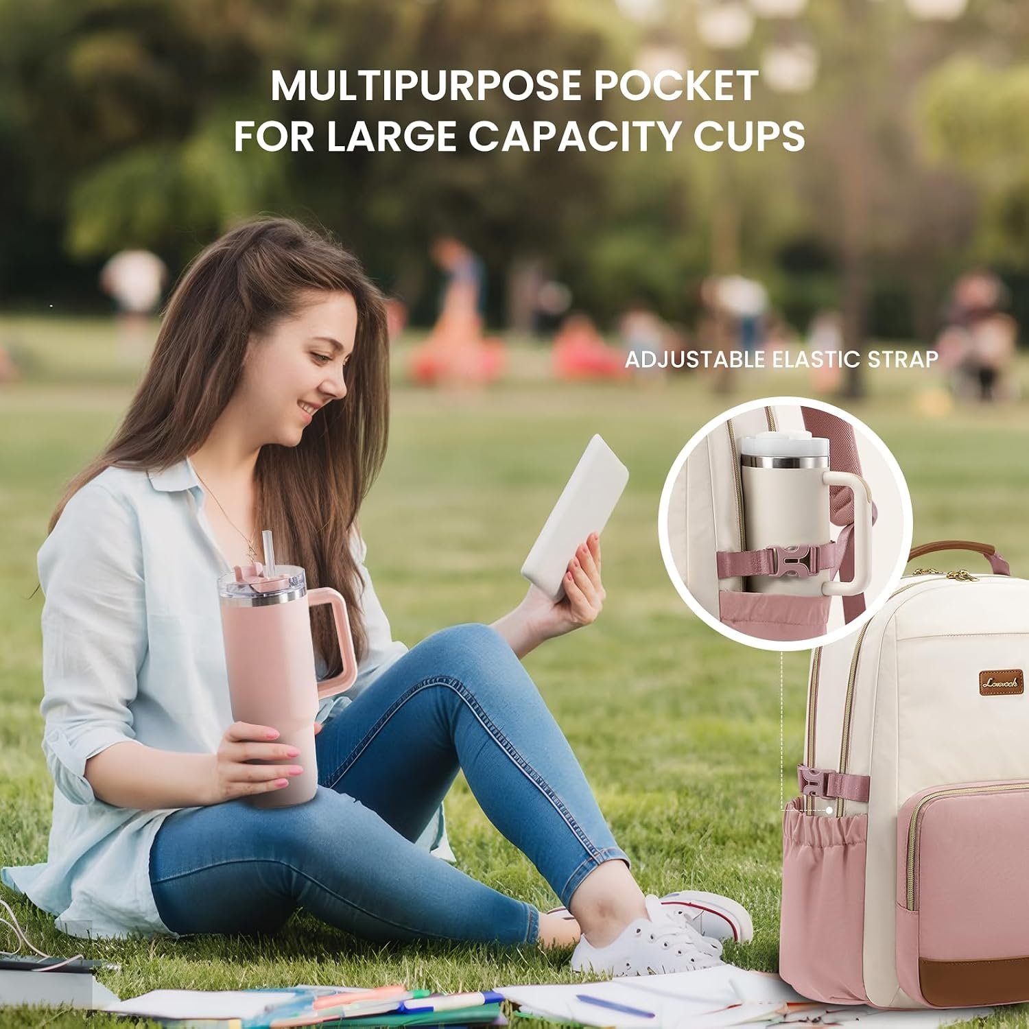 LOVEVOOK Laptop Backpack for Women with Pouch Pocket for Large Capacity Cup,15.6 Inch Teacher Nurse College Work Backpack Purse,Waterproof Laptop Bag Computer Back Pack for Travel, Beige-Pink-Brown - Image 2