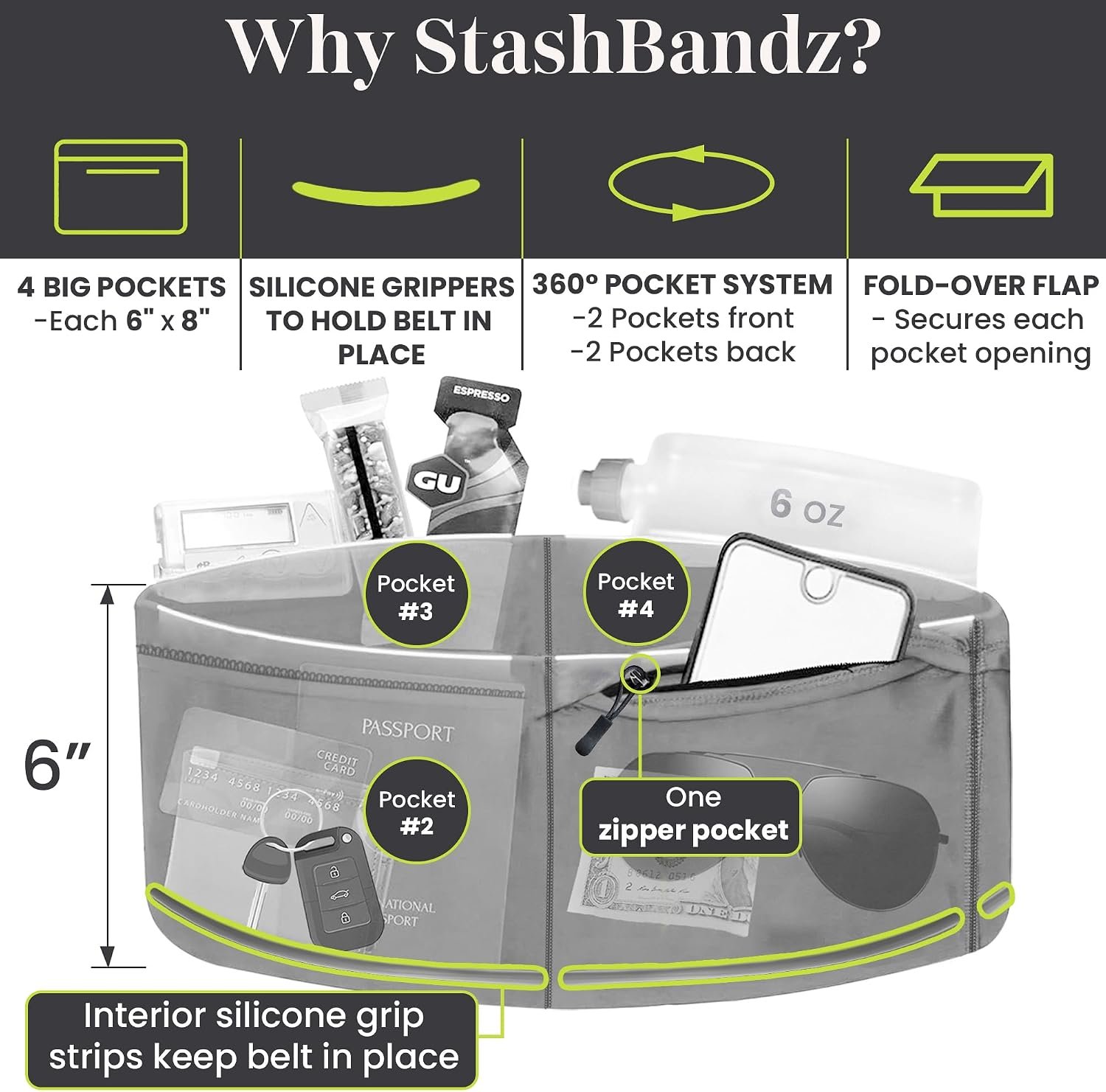 Running Belt Money Belt 4-Pocket Phone Holder | No-bounce Fanny and Waist Pack, 4 Large Security Pockets and Zipper, Fits All Size Phones Travel Documents and Passport - Image 3
