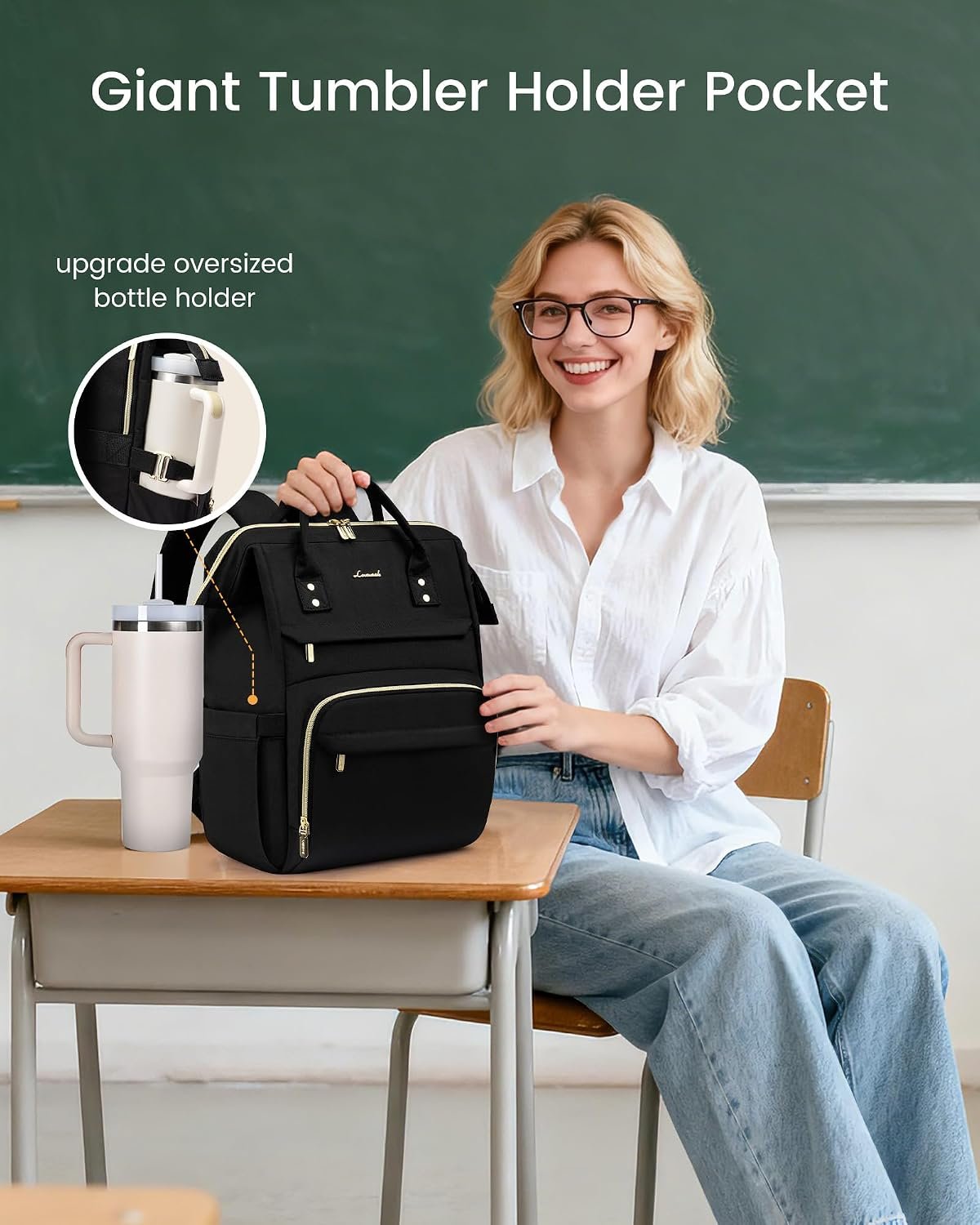 LOVEVOOK Laptop Backpack for Women with Giant Tumbler Holder Pocket,15.6 inch Waterproof Travel Backpack Purse Computer Laptop Bag,Professional Work College Nurse Teacher Backpack Casual Daypack,Black - Image 2