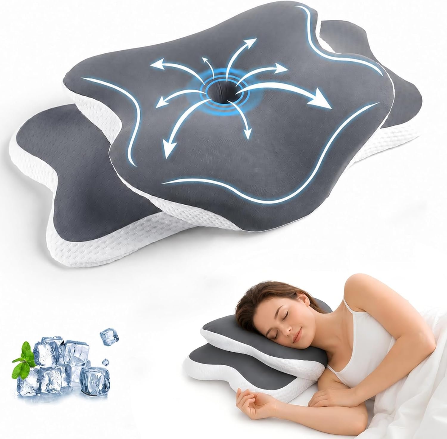 Ergonomic Cervical Pillow for Neck Pain Relief, Grey, 60*36*13cm | Dual-Height Contour, Neck Shoulder Support, Medium Memory Foam, Cooling Pillowcase, for Side Back Stomach Sleepers