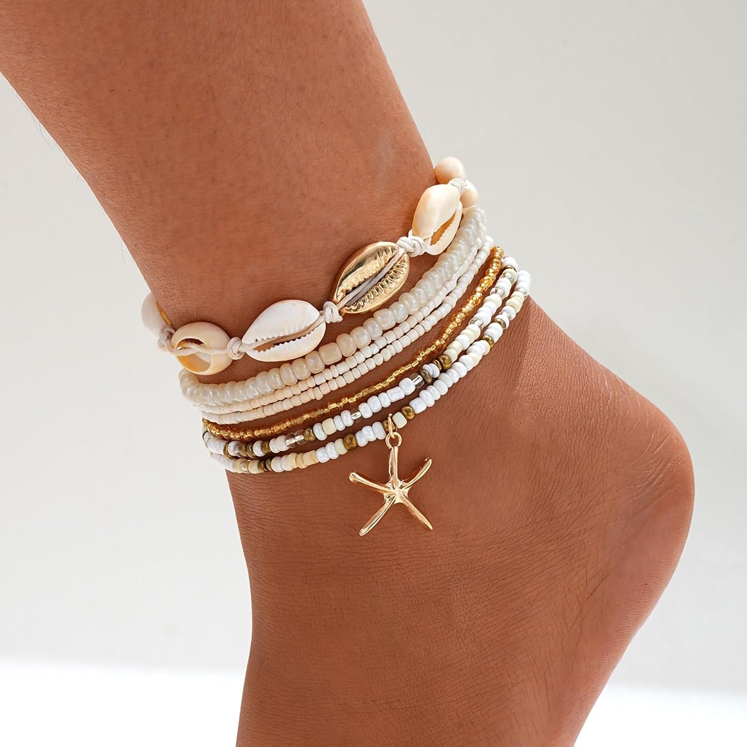 Qceasiy Shell Ankle Bracelets for Women, Boho Beaded Beach Anklet Set | Seashell, Heart, Starfish and Conch Styles, Gold-Tone, Stretch or Adjustable Fit, Layered Beach Vacation Jewelry Gifts - Image 3