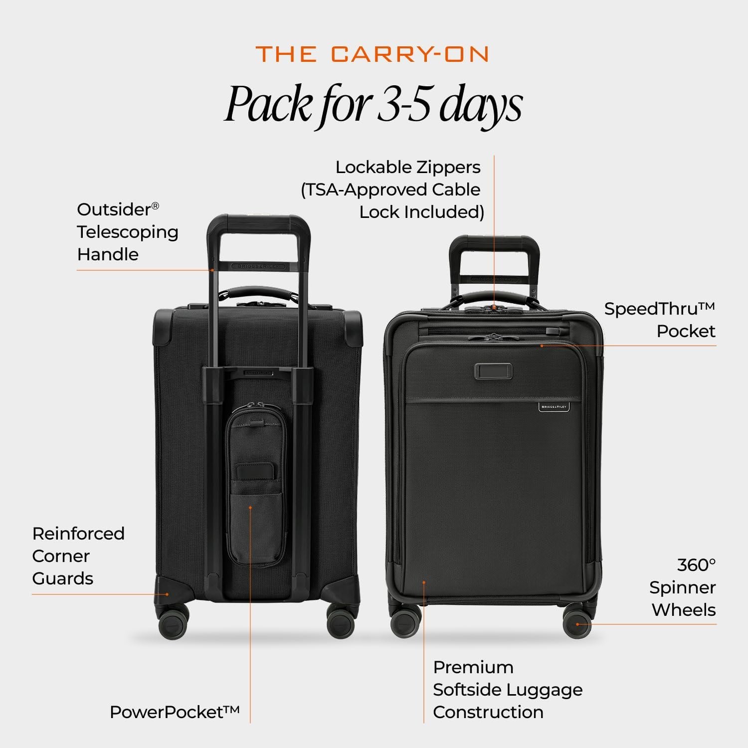 Briggs & Riley Essential 22" Carry On Expandable Spinner - Luggage for Travel, Suitcases with Wheels, Softside Rolling Bag for Men & Women, Self-Repairing Zipper - Baseline Collection, Black - Image 3