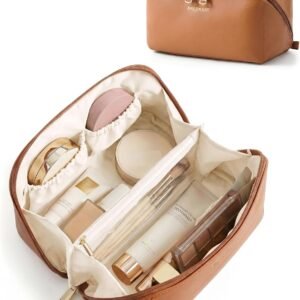 BAGSMART Makeup Bag Travel Cosmetic Bag,Women Toiletry Case, Classic Brown | Make Up Bag Flat Open Toiletry Bag for Women, PU Leather Travel Essentials Wide-open Skincare,Brushes Organizer Case Large