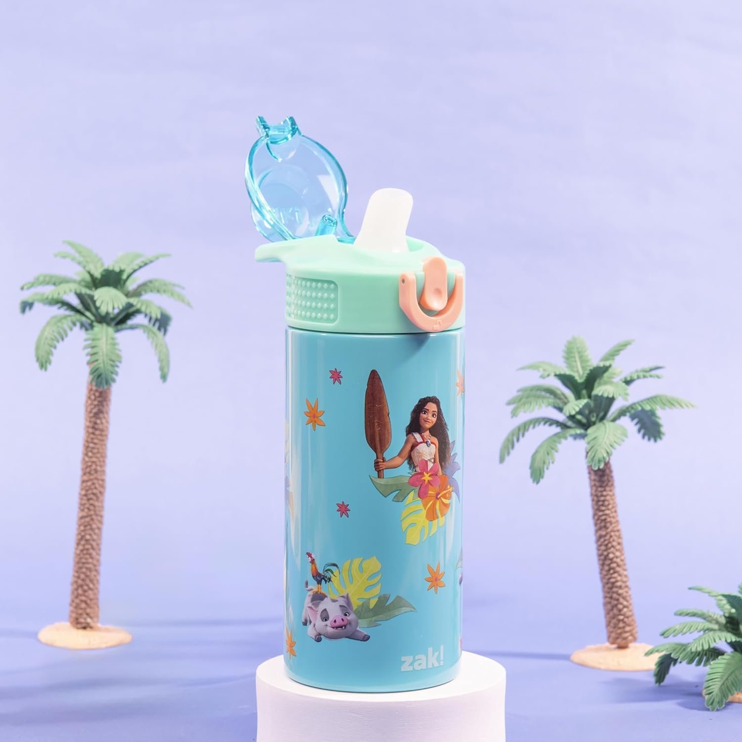 Zak Designs Disney Moana Sage 14oz Leak-Proof Straw Kids Water Bottle | BPA Free, Insulated Stainless Steel, Cupholder Friendly, Dishwasher Safe, Easy to Clean, Lid Lock, For School, Home, Travel - Image 2