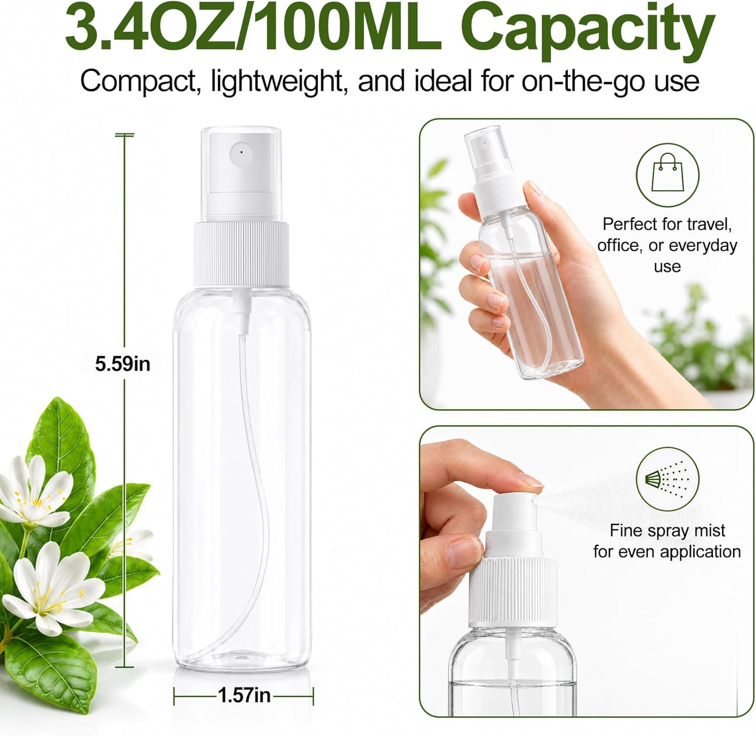 5-Pack Spray Bottles 3.4oz, Small Spray Bottle Empty Clear Plastic Bottle | Clear Plastic for Travel, for essential oils, perfume, cosmetics, cleaning, gardening, skin care, travel leak-proof - Image 3