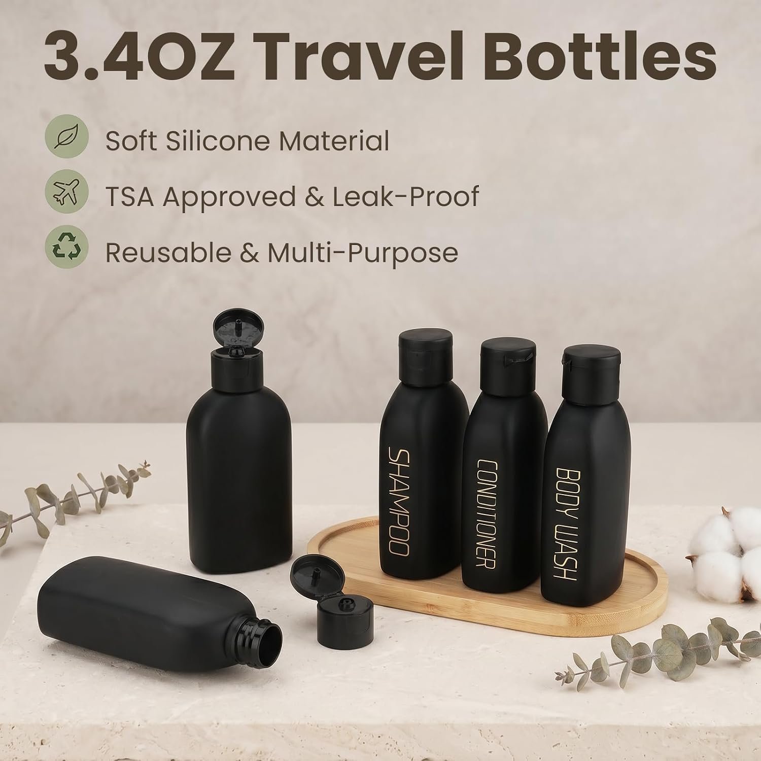 Cosywell 3.4oz 5 Pack Travel Bottles for Toiletries Black Toiletry Bottles | Pre-Printed Shampoo Conditioner & Body Wash, Soft Touch, TSA Approved, Leak Proof, Includes Flip Caps and a Toiletry Bag - Image 3