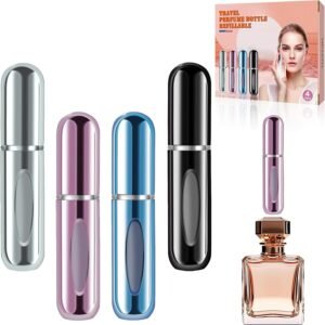 opasyo Refillable Perfume Atomizer, Leak-Proof, 5ml 4 Pack | Portable travel perfume spray bottle. Includes Silver/Pink/Blue/Black. Perfect essentials for traveling and outgoing.