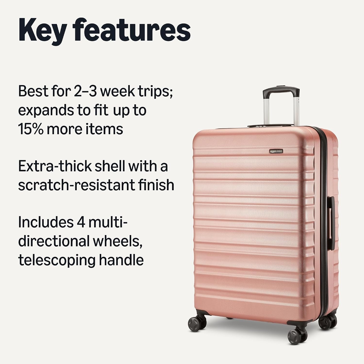 Amazon Basics 30" Hardside Large Checked Luggage, Expandable For Up to 15% More Space, Scratch-Resistant Surface, Four Multi-directional Wheels, Rose Gold - Image 2