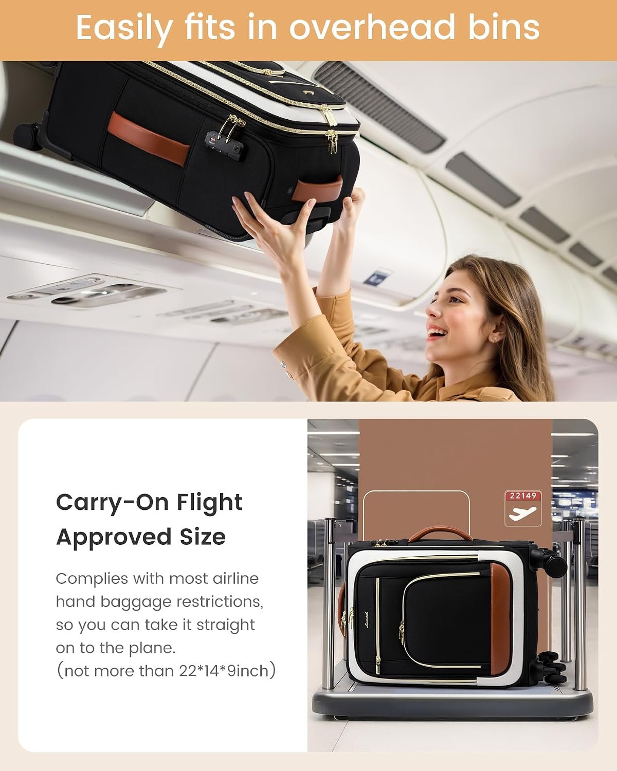 LOVEVOOK Carry on Luggage 22x14x9 Airline Approved with Garment Bag & Spinner Wheels, 20 Inch Large Rolling Suitcase with TSA Lock, Softside Lightweight Underseat Carryon Luggage for Women Travel, 49L - Image 6