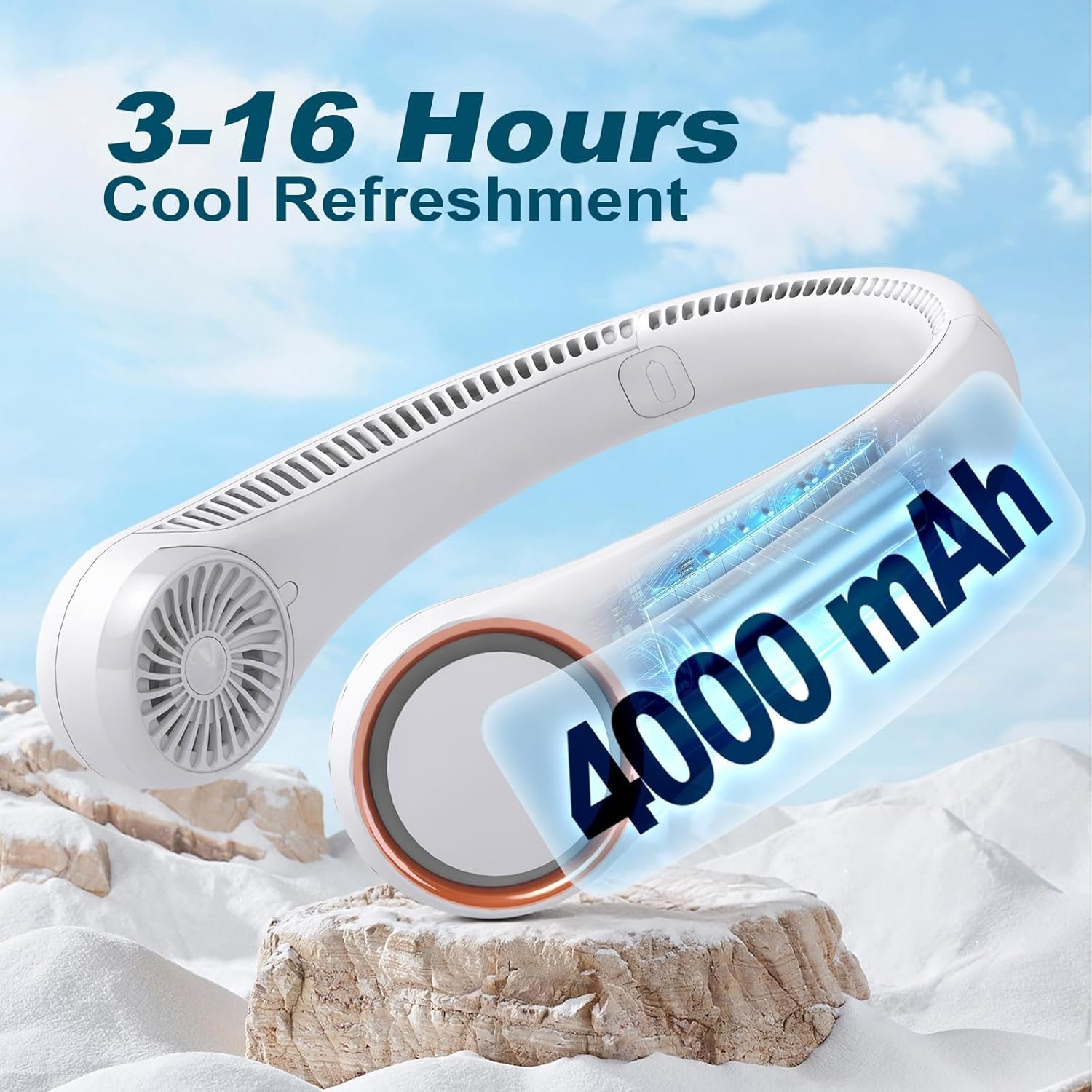 CIVPOWER Neck Fan: Portable Personal Neck Cooling Rechargeable Bladeless Fan - Hands Free 3 Speed 4000 mAh Battery USB Operated Wearable Headphone Design - Gift for Men Women Outdoor (White) - Image 4