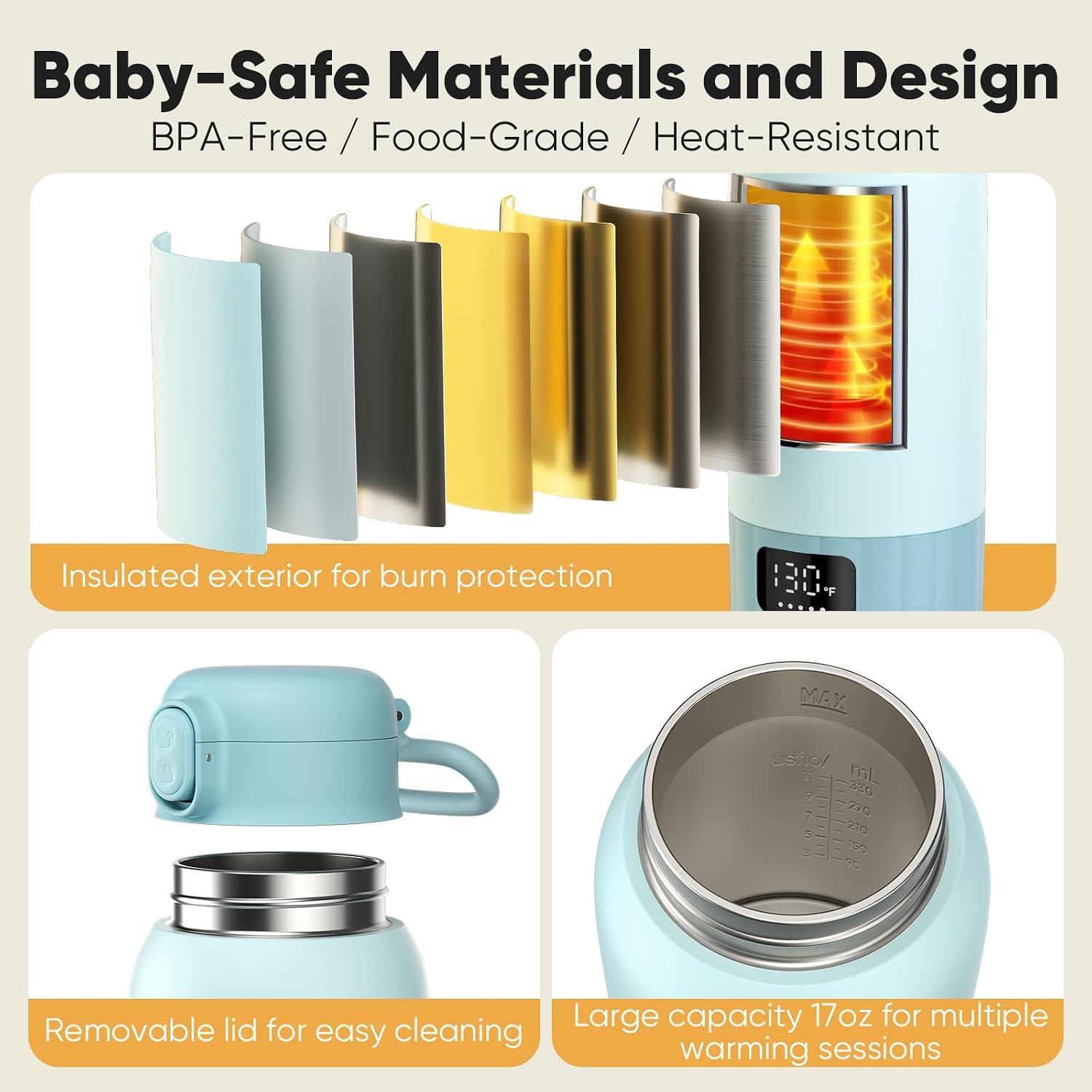 Portable Bottle Warmer for Travel, Fast Heating Milk Warmer On The Go, 17 OZ Water Warmer for Milk, Formula, Water, Temp Control 98°F -131°F, Baby Essentials for Outdoor Airplane Car Journey - Image 7