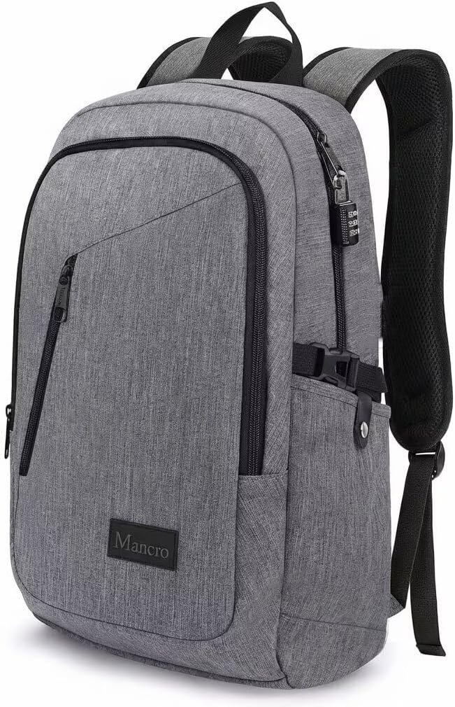 Mancro Laptop Backpack for Travel, Anti-theft Business Backpack for Men | Water Resistant Work Daypack with Lock, Travel Computer Bag with Laptop Compartment Fits 15.6 Inch Laptop for Men Women, Grey